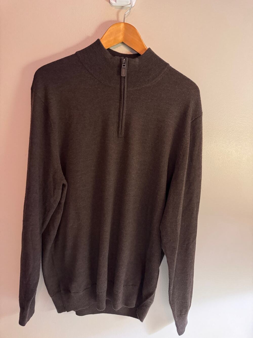 Jos A Bank Men’s XL 100% Merino Wool Quarter Zip Sweater Brown Traveler